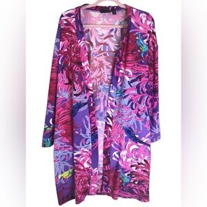 Attitudes by  Renee-Tropical print Birds‎ Long Sleeve Open Front Cardigan Top-1X